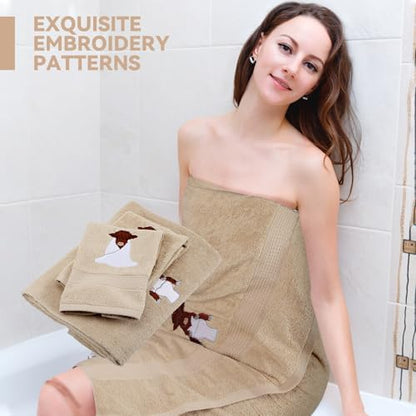 3 Pcs Highland Cow Bathroom Towel Set, Brown, 100% Cotton