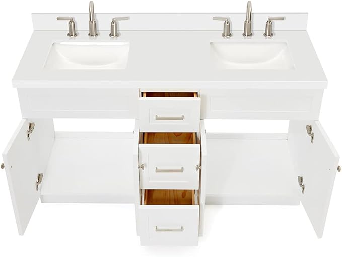 ARIEL Hamlet 60-inch Bathroom Vanity with Sink,Solid Wood, 1.5-inch Pure White Quartz Countertop & Backsplash, Double Rectangular Porcelain Sink, 4 Soft Closing Doors, 3 Dovetail Drawers, White