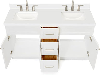 ARIEL Hamlet 60-inch Bathroom Vanity with Sink,Solid Wood, 1.5-inch Pure White Quartz Countertop & Backsplash, Double Rectangular Porcelain Sink, 4 Soft Closing Doors, 3 Dovetail Drawers, White