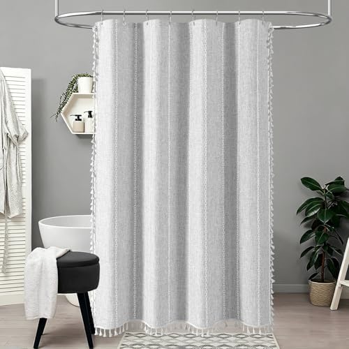 BTTN 54 x 72 Boho Linen Heavy Duty Cloth Shower Curtain Set, Grey/Gray