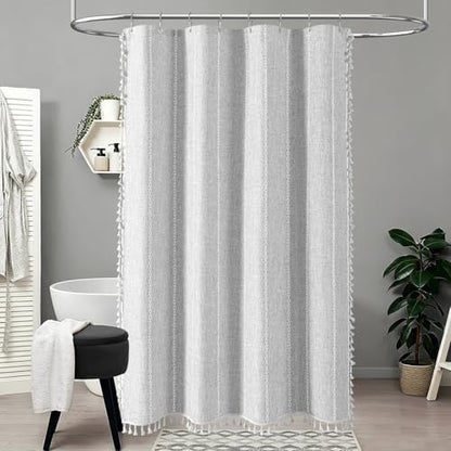 BTTN 54 x 72 Boho Linen Heavy Duty Cloth Shower Curtain Set, Grey/Gray