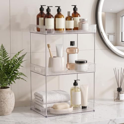 Goderewild 3 Tier Bathroom Counter Organizer, Multi-Purpose Cosmetics Skincare Shelf, Fits A4 Size Makeup Organizer for Office and Vanity Tray, Countertop Storage Solution for Kitchen,Bath.(Clear)