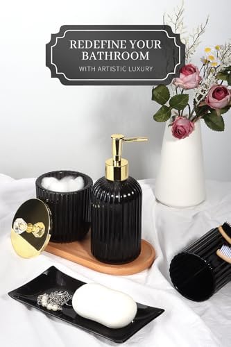 Designer Black Glass Bathroom Accessories Sets - 4 Pcs with Lotion Soap Dispenser, Bathroom Toothbrush Holder, Vanity Tray, and Apothecary Jar, Vintage Bathroom Decor, Gift Countertop Organizer