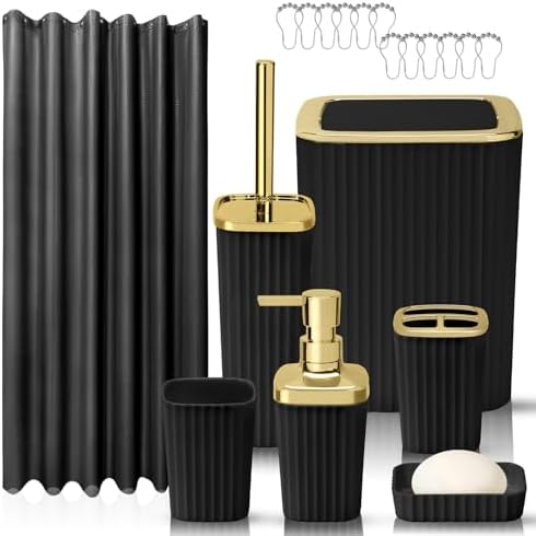 Bathroom Accessory Set, Shower Curtain Set, Toilet Brush, Trash Can & Soap Dispenser (Black Gold, Plastic)
