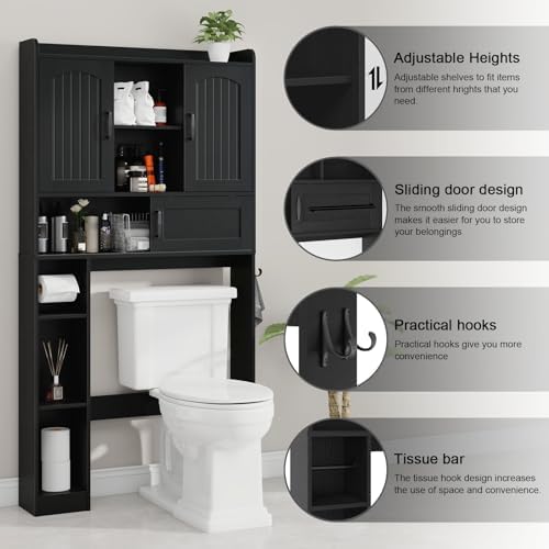 Vabches Over The Toilet Cabinet with 2 Barn Doors & Sliding Door, Black