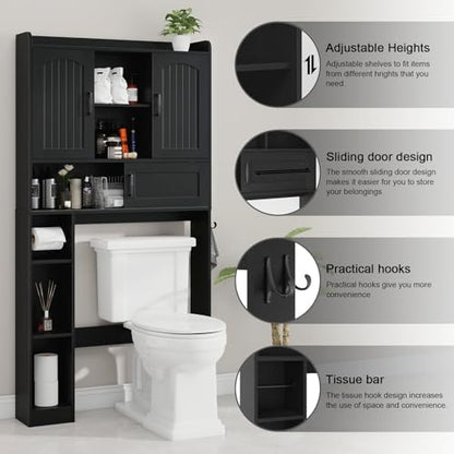 Vabches Over The Toilet Cabinet with 2 Barn Doors & Sliding Door, Black