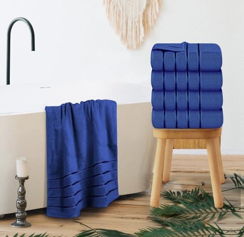 Luxury Bath Towels Set of 4, 27x54 Inches 600GSM 100% Cotton Ring Spun – Daily Use Highly Absorbent Viscose Stripe Bath Towel Sets for Bathroom, Hotel, Spa (Royal Blue)