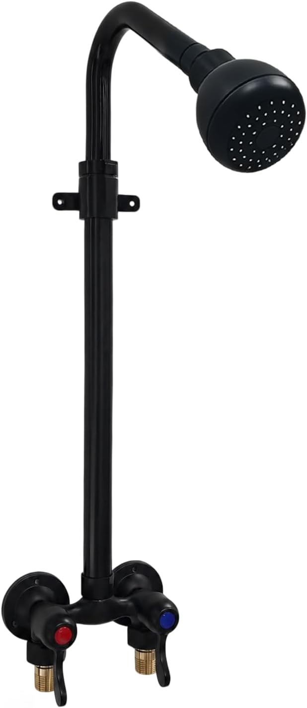 Outdoor Shower Kit Dual Handle Extendable Exposed Pipe Outdoor Shower Fixtures System with ABS Showerhead Solid Brass 4 Inch Center Mix Valve Matte Black