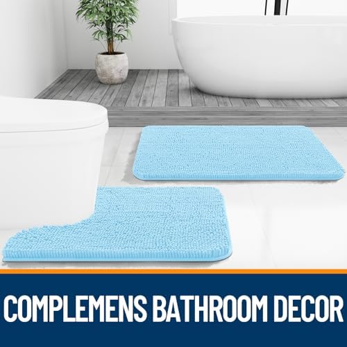 OLANLY Chenille Bathroom Rugs Mats Sets 2 Piece, 24"x16"+24"x20", Sky Blue