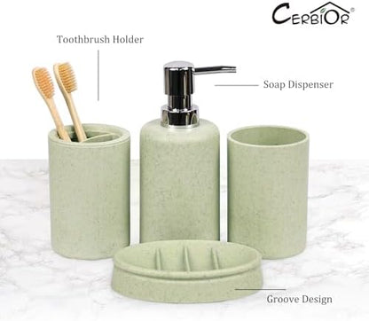 CERBIOR Bathroom Accessories Set 6 Piece Wheat Straw Bath Ensemble,Green