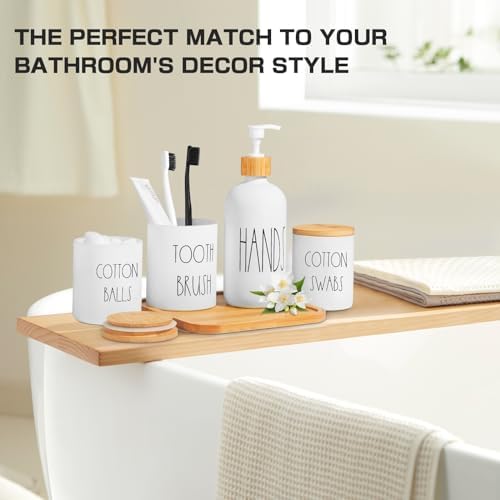 White Bathroom Accessories, 5 Pcs Glass Bathroom Accessory Set with Bamboo Tray, Soap Dispenser and Toothbrush Holder Set, Qtip and Cotton Ball Holder, Farmhouse Boho Bathroom Set Complete