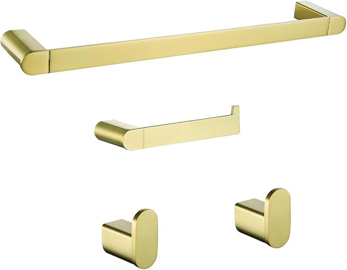 Brushed Gold Bathroom Hardware Set 4 Pieces,18 Inch Stainless Steel Towel Rack Kit,Towel Rod Coat Hook and Toilet Paper Holder Wall Mounted Bathroom Towel Bar Set