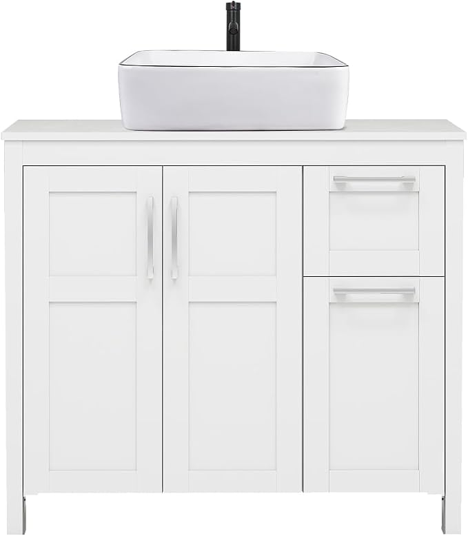 YOURLITE 36" Bathroom Vanity with Sink Combo,White Bathroom Vanity and Sink Combo with Faucet & Pop Up Drain Set,Traditional Vanity with White Ceramic Sink Bathroom Sink