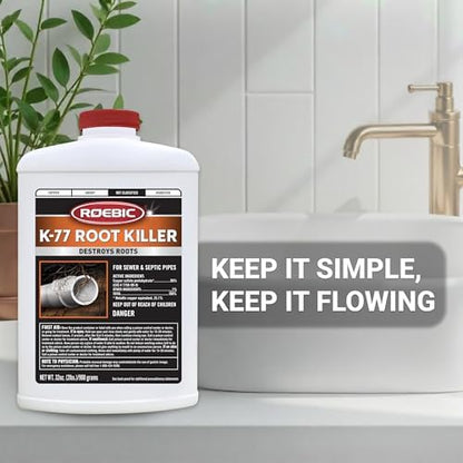 Roebic K-77 Granular Tree Root Killer, Chemical Septic System, Drain Field and Sewer Line Pipe Clog Remover and Root Destroyer, Safe for Bathroom Toilet, 32 oz