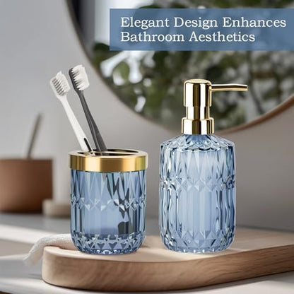 Glass Bathroom Toothbrush Holder and Soap Dispenser Set, Blue