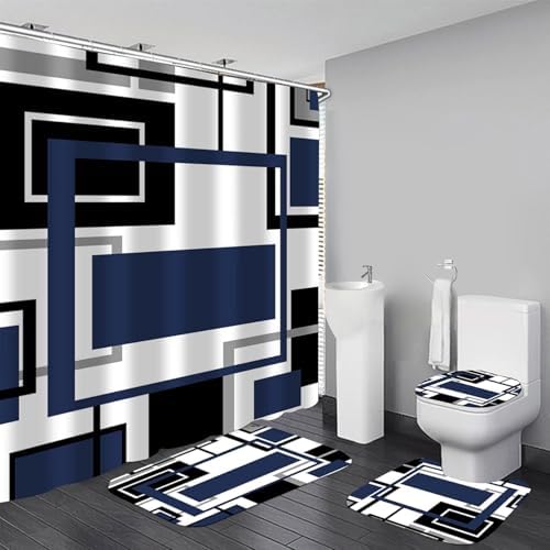 Yddsky 4 Pcs Blue Geometric Shower Curtain Set with Rugs Bathroom Set