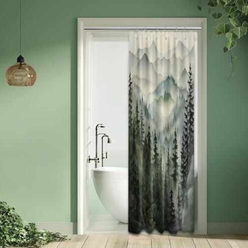 Sage Green Forest Stall Shower Curtain, 36X72 in Narrow Small, Mountain