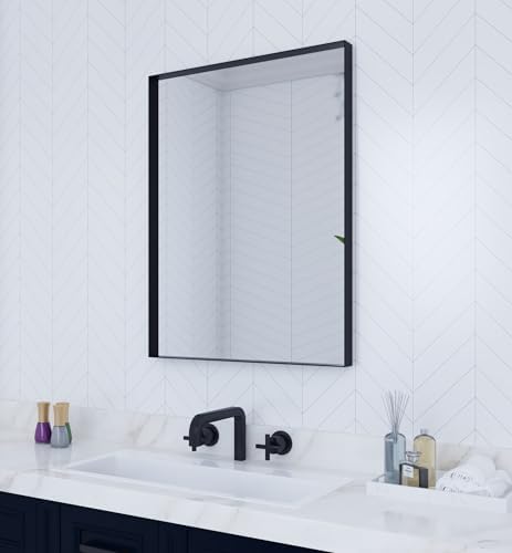 VocalStar Black Metal Framed Bathroom Mirror for Wall, 24 x 32 Inch Square Corner Rectangle Black Bathroom Vanity Mirror Modern Farmhouse, 1/4-inch Shatterproof Glass | Ultra-Flush Hanging