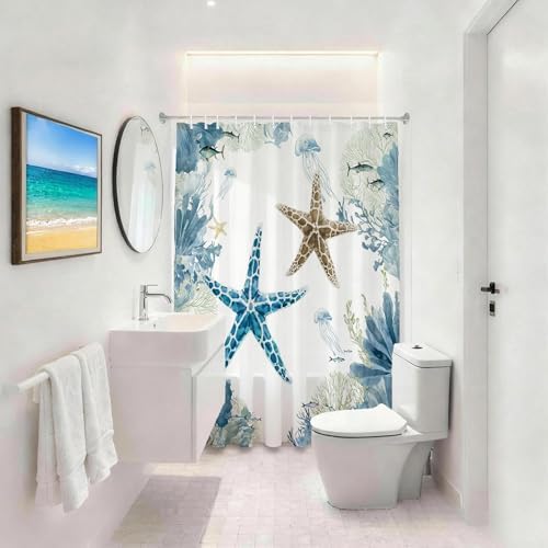 Green Beach Shower Curtain for Bathroom, Ocean Coastal Theme, 72x72 In