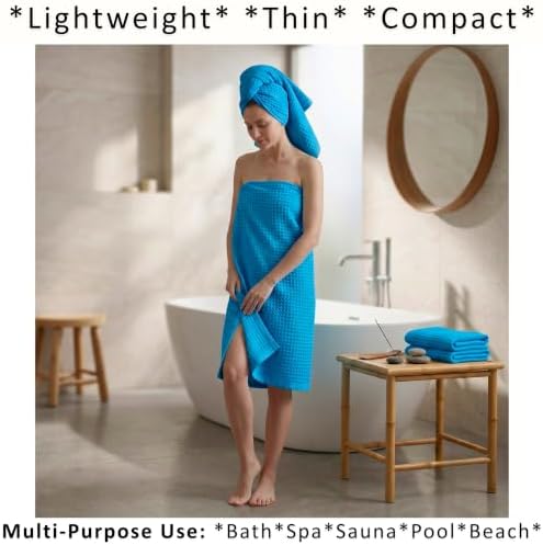 PÜSKÜL Natural 100% Turkish Cotton Waffle Towels Set of 4-Piece, Aqua Blue