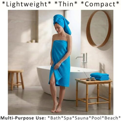 PÜSKÜL Natural 100% Turkish Cotton Waffle Towels Set of 4-Piece, Aqua Blue