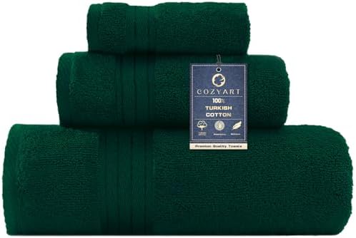 COZYART Luxury Bath Towel Set 3 PCS, Dark Green 100% Turkish Cotton 650 GSM