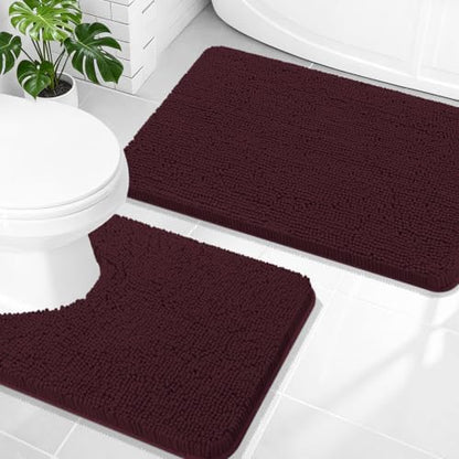 OLANLY Chenille Bathroom Rugs Sets 2 Piece, 30"x20"+24"x20", Black Cherry