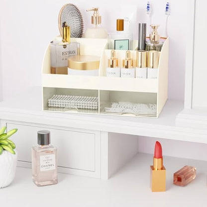 Makeup Organizer with Drawers, Cosmetic Storage for Dresser Vanity and Bathroom Countertop, Beauty Holder for Lipstick Brush, Skincare Organizer for Vanity, Cosmetic Display Case (Ivory)
