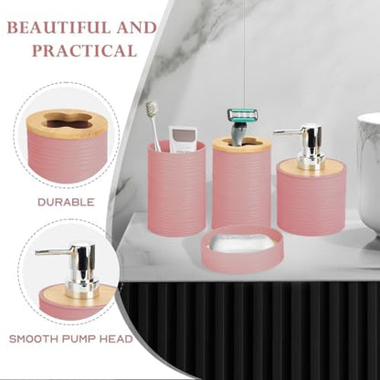 RRM 4 Piece Bamboo Bathroom Accessories Set, Boho Bathroom Decor,LightPink