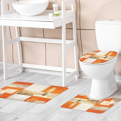 Riyidecor Orange Gold Abstract 4Pcs Bathroom Shower Curtain Sets Modern Geometric Aesthetic Bathroom Decor Set with Rugs and Accessories Minimalist Toilet Lid Rug, Contour and Bath Mat with 12 Hooks