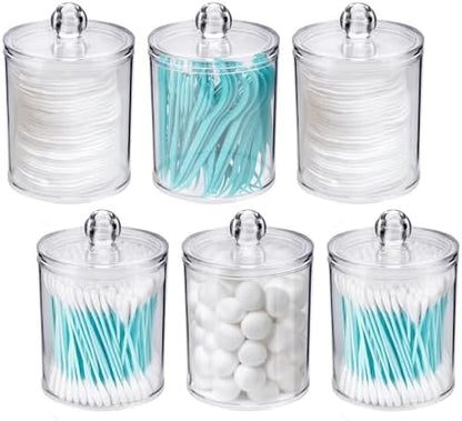 WEISHI 6 Pack Qtip Holder Dispenser -Cotton Ball, Swab, Round Pads, Floss , Small Clear Plastic Apothecary Jar Containers with Lids for Bathroom Storage and Organization, Vanity Organizer