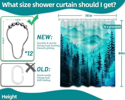 Dark Teal Forest Extra Long Shower Curtain, Tall 72X84 in, Mountain