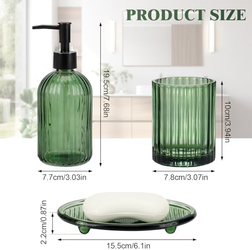 Bathroom Accessories Set, 4Pcs Glass Bathroom Accessories Sets Complete Lotion Soap Dispenser, Toothbrush Holder, Mouthwash Cup, Soap Dish for Bathroom Decor, Countertop Organizer (Green)