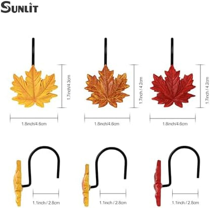 Sunlit Maple Leaf Shower Curtain Hooks for Fall Autumn, Home Decorative Shower Curtain Rings with Black Hooks for Bathroom, Resin, Orange Red Shower Curtain Hangers Bath Accessories, Set of 12