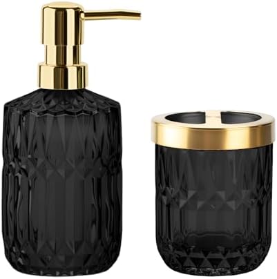 RRM Glass Bathroom Toothbrush Holder and Soap Dispenser Set,Black Gold