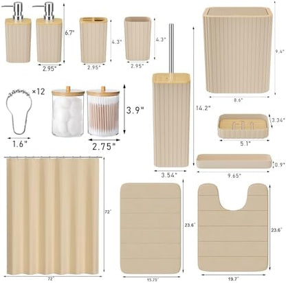 XLHOMO Bathroom Set- 25PC Beige Bathroom Set, Bathroom Set with Shower Curtain and Rugs, Beige Shower Curtain Set, Toilet Brush, Bathroom Trash Can