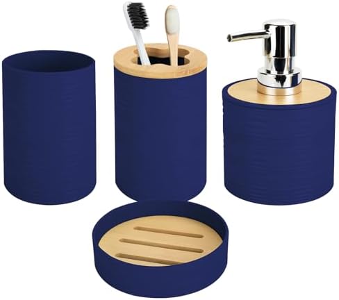 4Pcs Navy Blue Bathroom Set, Soap Dispenser, Dish & Bamboo Holder, Rustic
