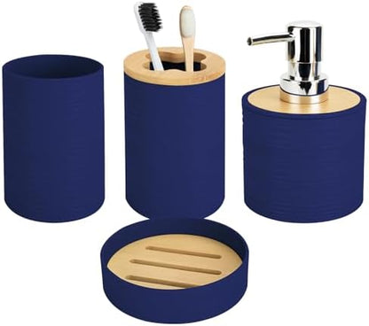 4Pcs Navy Blue Bathroom Set, Soap Dispenser, Dish & Bamboo Holder, Rustic