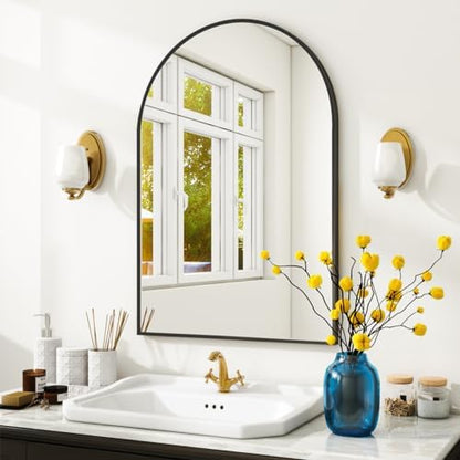 VooBang Arched Wall Mirror, 26 x 41 inch Arch Bathroom Mirror, Wall Mounted Vanity Mirror with Arch Metal Frame, Modern Bathroom Vanity Mirror for Bedroom, Living Room, Hanging or Leaning, Black