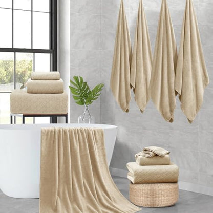 8-Piece Bath Towels Set,2 Oversized Large Bath Towel Sheet,2 Hand Towels and 4 Washcloths - 600 GSM Soft Microfiber Highly Absorbent Quick Dry Shower Towel Collection for Bathroom Hotel and Spa,Beige
