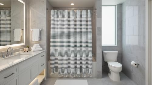 Serafina Home Teal Green & White Striped Cotton Shower Curtain with Fringe