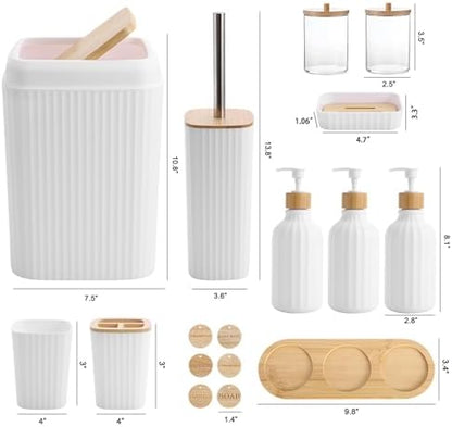 Bathroom Accessories Set White Bathroom Set with Trash Can,3PCS Lotion Soap Dispenser, Toothbrush Holder, Soap Dish,Tumbler Cup,6pcs Wood Tags White Bath Accessories with Tray for Bathroom Decor