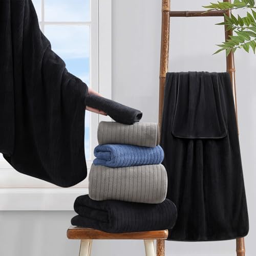 18 Piece Bath Towels Set,Super Soft Family Bathroom Towel Set with Hanging Loops-6 Bath Towels,6 Hand Towels,6 Washcloths,Highly Absorbent Quick Dry Shower Towel for Bathroom,Hotel,Spa-Black Towel Set