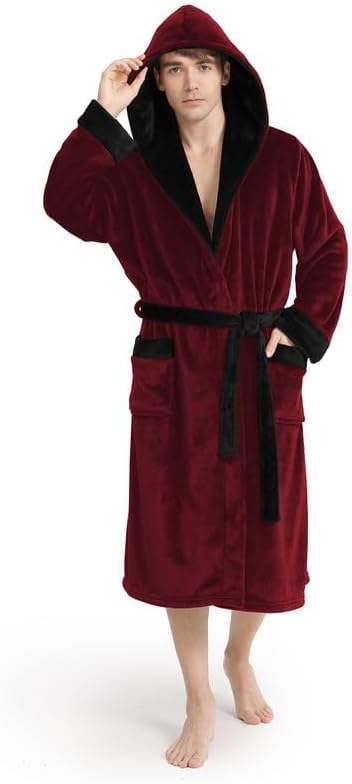 Yurhap Luxury Mens Robe with Hood, Ultra Cozy Fleece Bathrobe for Men, Plush Hooded Robe with Belt & 2 Pockets