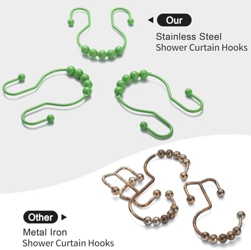 Goowin Shower Curtain Hooks, 12 Pcs Shower Curtain Rings, Stainless Steel Shower Curtain Hangers, Double Hook Shower Curtain Hooks, Smooth Sliding Anti-Drop Shower Rings for Curtain (Green)