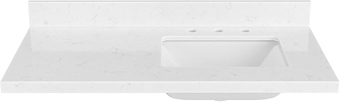 ARIEL 42 inch Bathroom Vanity top with Sink, 1.5 Inch Thick Miter Edge Carrara White Quartz top, Right Offset Vanity top with Rectangle Porcelain Sink, Includes Backsplash