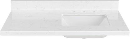 ARIEL 42 inch Bathroom Vanity top with Sink, 1.5 Inch Thick Miter Edge Carrara White Quartz top, Right Offset Vanity top with Rectangle Porcelain Sink, Includes Backsplash