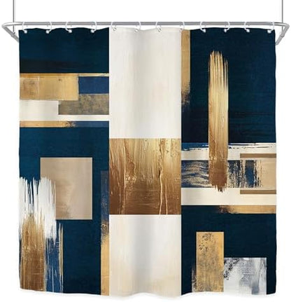 Riyidecor Navy Blue Gold Abstract Shower Curtain for Bathroom Decor 72Wx72H Boho Beige Oil Painting Modern Neutral Aesthetic Artistic Art Printed Fabric Polyester Waterproof 12 Pack Plastic Hooks