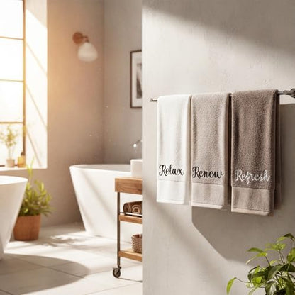 Tiamon 3 Pcs Bathroom Towel Decorative Set 100% Cotton Fluffy Bath Hand Towels for Guest Gifts Farmhouse Kitchen Hand Towels Home(White, Light Brown, Dark Brown,30 x 13 Inch,Relax Renew Refresh)