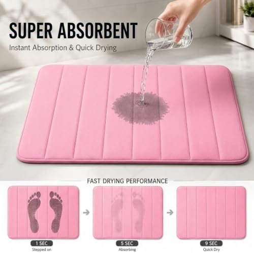 Memory Foam Bath Mat Set 3 Piece，Super Soft Absorbent Bathroom Rug Non Slip, Quick Dry,Machine Wash, Perfect Plush Bathroom Rugs,Home Decor Accessories,Pink